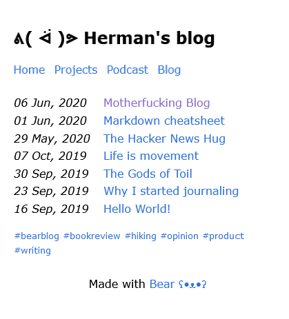 Herman's blog shows a navigation menu with the links "home", "projects", "podcast" and blog" followed by a list of blog posts with publishing dates and respective link names with the post "Motherfucking Blog" in a visited link color