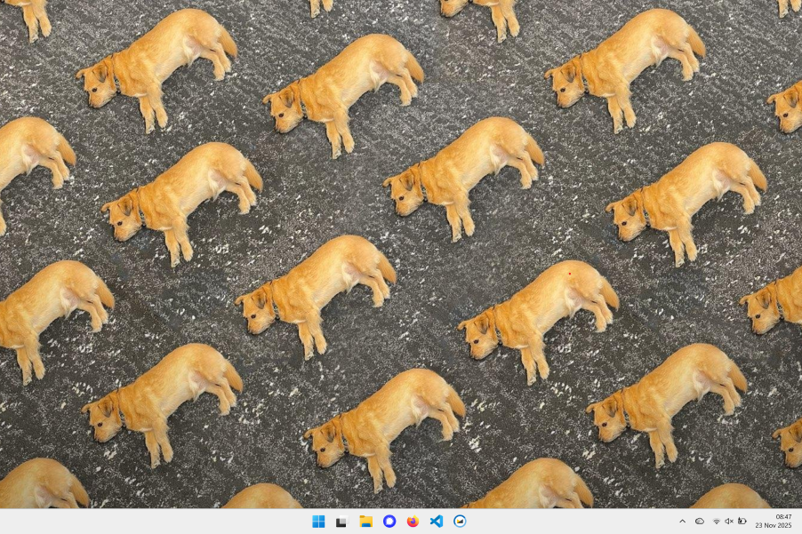 A Windows desktop showing a background image of a repeating pattern of the same dog lying on the carpet flower. Pinned to the taskbar are the following software tools: Windows Explorer, Signal, Firefox, VS Code and Fastmail.