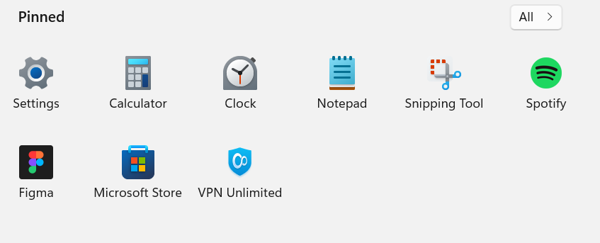 The software tools that are pinned to the start menu are: Settings, Calculator, Clock, Notepad, Snipping Tool, Spotify, Figma, Microsoft store and VPN Unlimited.