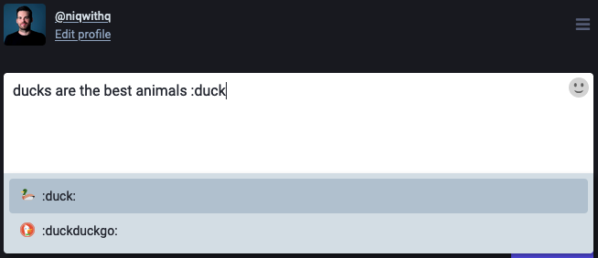 A new toot on Mastodon saying "ducks are the best animals" followed by the colon symbol and the word "duck", below is a list of emoji suggestions including "duck" and "DuckDuckGo"
