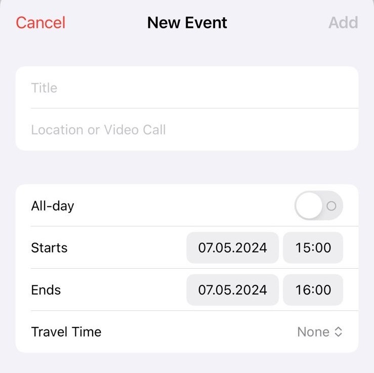 "Creating an event in Apple Calendar. It shows controls for the title, location, whether it's an all-day event, start, end and travel time. All buttons in the UI look obviously clickable."