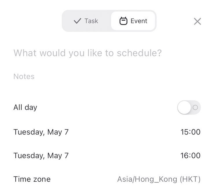 "Creating an event in Morgen. It shows controls for the title, wheter it's an all-day event, start and end time and the time zone. The start and end time controls look like they can't be edited."