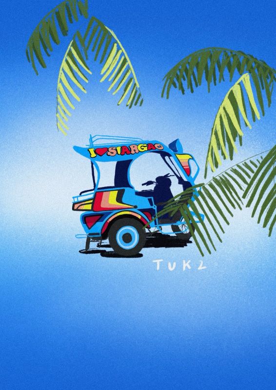 "A drawing of a colorful tuktuk. Behind green palm tree leaves is a blue tuktuk with painted areas shapes in red, orange and yellow. On its roof it says 'I love Siargao' in the same colors."