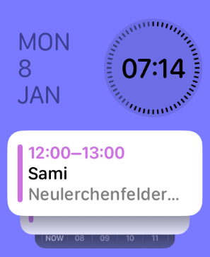 Smart stack shows the 8th of January at 07:14 am and a calendar appointment from 12pm to 1pm that is titled "Sami".