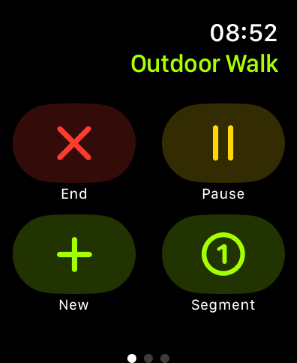 An active workout of an "Outdoor Walk" with the following actions: "End", "Pause", "New" and "Segment".